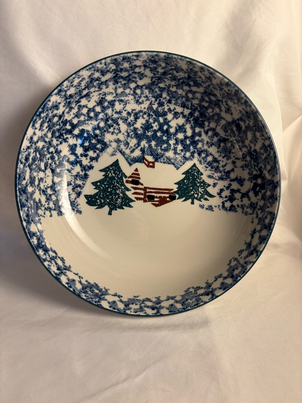 Tienshan Folk Craft Cabin in the Snow 9” Serving Bowl Christmas Stoneware